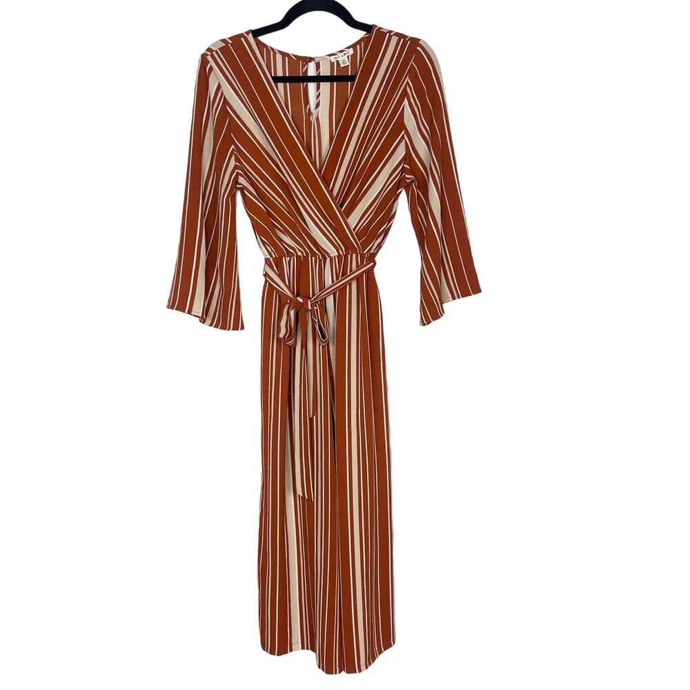 Miami Medium Rust Orange Cream Striped Jumpsuit Tie Waist VNeck Wrap Francescas